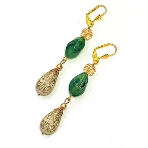Chic Brico Gold Embossed Teardrop and Crystal Long Boho Dangle Earrings - Ivory and Light Green