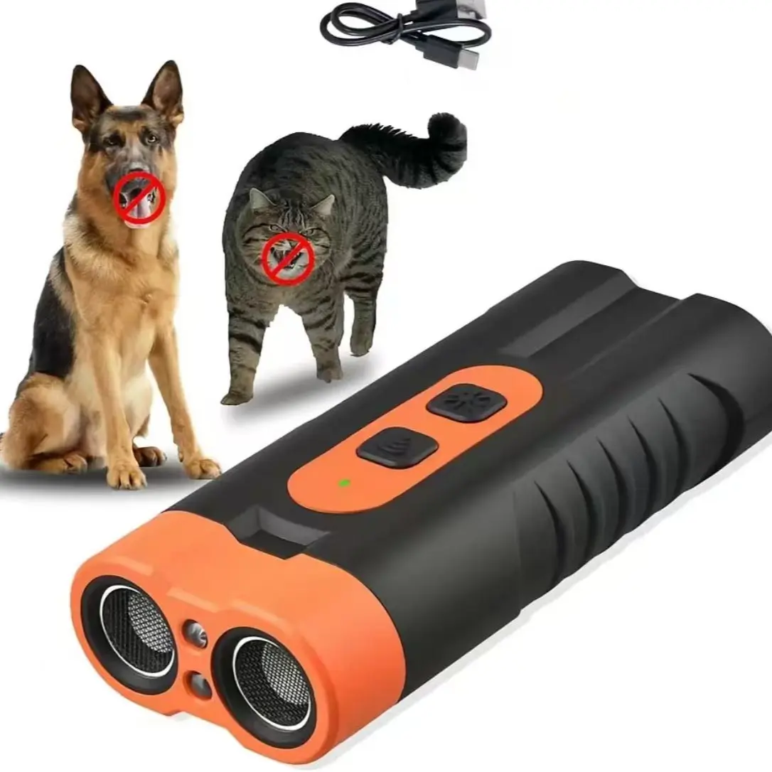 Ultrasonic Bark Deterrent Dog Training Tool - USB Rechargeable, Dual Emitter, Plastic Body, 50FT Range, 25KHz Frequency, Flashlight, Portable Grip, 2-in-1 Indoor & Outdoor Use