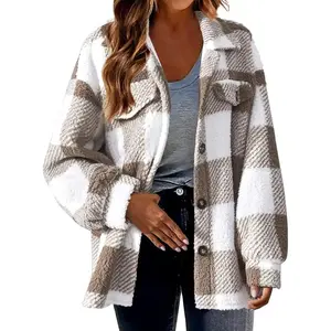 Women Flannel Jacket Plaid Button Down Long Sleeve Fleece Lined Shacket Plus Size Fall Winter Outerwear Coats