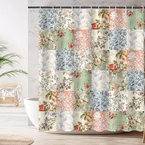 Boho Shower Curtain -  Floral Patchwork with 12 Hooks - Mid-Century   Retro Bath Curtain for Boho Floral Bath Decor -  Fabric 72 X 72 Inch
