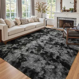 PLUMLIK Tie-dye Black Grey Fluffy Area Rugs for Bedroom, Ultra Soft Large Carpets for Bedroom, Modern Thick silky style Rug for Spring Decor Aesthetic, Upgrade Non-Slip backing, Ideal Gift For Mother's Day, Easter, Dry Clean Only, With 4 Carpet Stickers