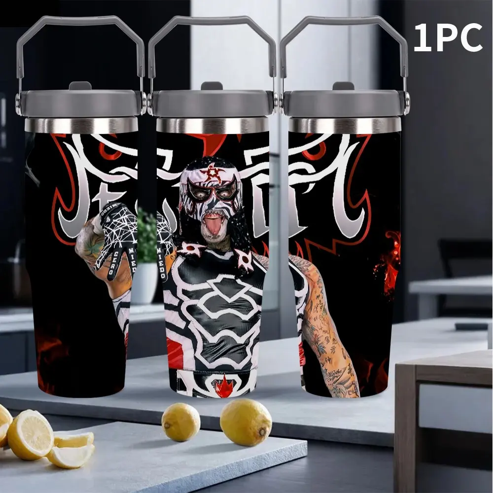 1pc 30oz portable thermos cup, Insulated Stainless Steel Thermo tumbler, with wrestling mask pattern, black matte cup body with gray handle seal lid, silver line mask and tattoo flame pattern design, stainless steel ring decoration, dark hardcore style