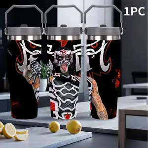1pc 30oz portable thermos cup, Insulated Stainless Steel Thermo tumbler, with wrestling mask pattern, black matte cup body with gray handle seal lid, silver line mask and tattoo flame pattern design, stainless steel ring decoration, dark hardcore style
