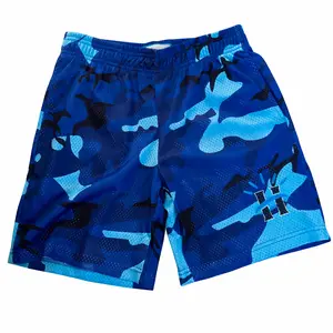 Men's Blue Camo Athletic Sports Clothes Shorts - Soft, Breathable Elastic Fabric, Mesh Panels, Adjustable Drawstring Menswear Bottoms for Gym, Running