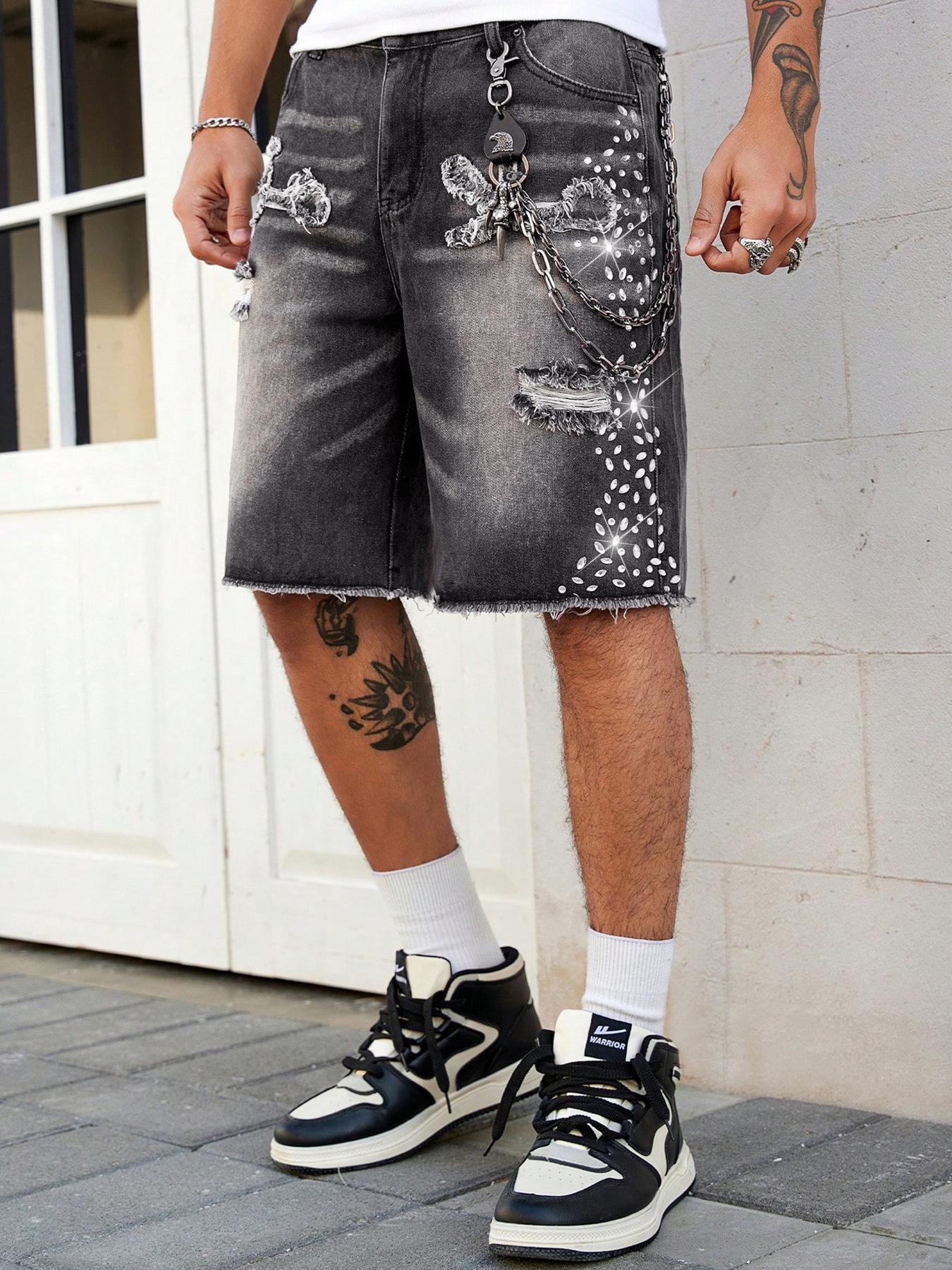 mens jorts，Rhinestone-Embellished Denim Shorts, Low-Rise Frayed Denim Shorts, Loose-Fit Jeans, Distressed Slim-Fit Straight-Leg Jeans