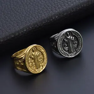 Hip Hop Jewelry Titanium Steel Saint Benedict Exorcism Medal Cross Stainless Steel Gold-Plated Men's Ring