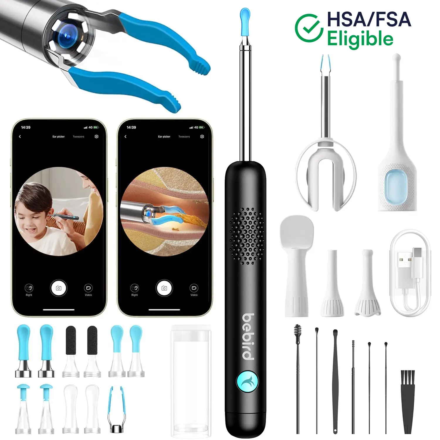 BEBIRD R1 Wax Removal Tool for Ear--HSA/FSA eligible Spade Ear Canal Cleaner with Camera 1080P Earscope, Wax Remove Ear Picker with Vari Replacement Tips, Camera with 6LED Light for Ear/Nose/Throat Examination, Black