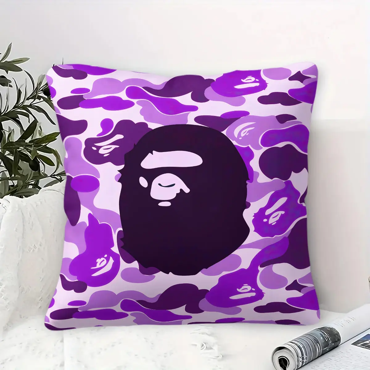 Purple Camo Ape Head Throw Pillow, Hypebeast Streetwear Multipurpose Cushion Accent Pillow Includes Pillow Core, Perfect for Sofa Couch Bedroom Living Room Dorm Decor, Great Gift for Teen Boys Street Fashion Lovers