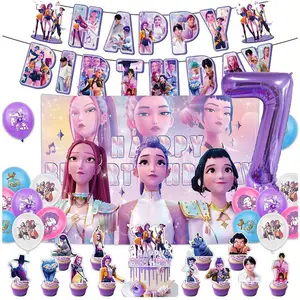 KPOP DEMO Slayer with number Birthday Decoration Set - Number Balloons + Backdrop Fabric + Balloons + Banner + Cake Topper