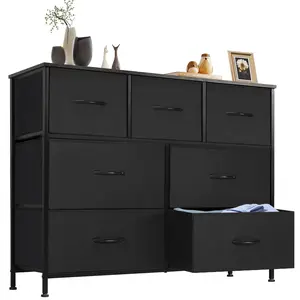 7 Drawer Fabric Dresser Tall Storage Tower with Cabinet, Metal Frame & Wooden Top for Bedroom, Closet, Nursery & Kids Room