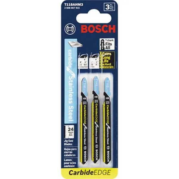 Bosch Jigsaw Blade: Bi-Metal, 24 TPI, 0.04" Blade Thickness, 0.37" Blade Width T-Shank, Toothed Cutting Edge T118AHM3