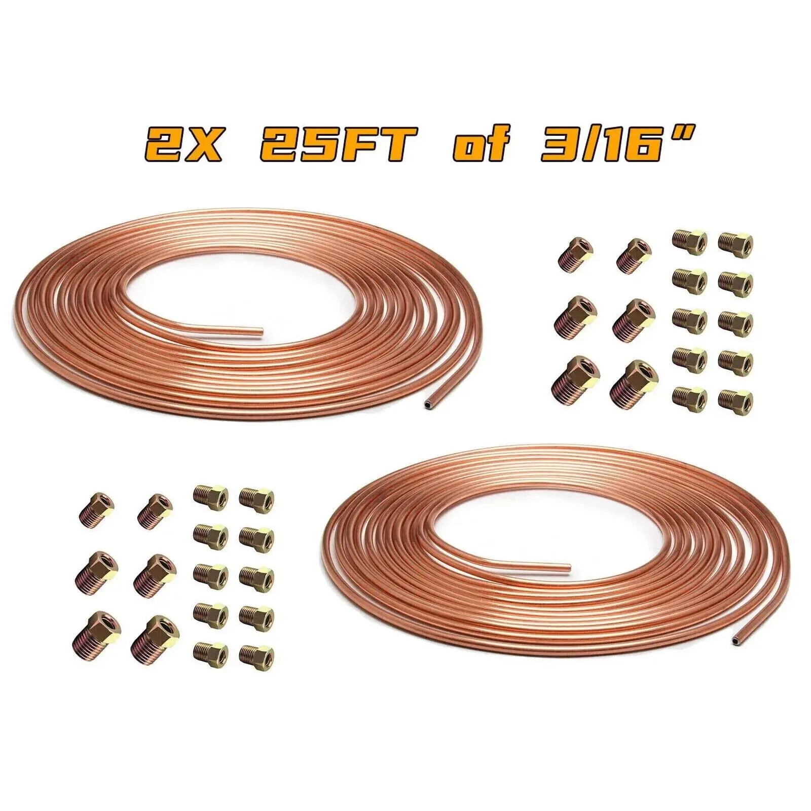 2x25FT Copper Nickel Brake Line Tubing Kit, 3/16" OD Corrosion Resistant, 32 Fittings Included, Easy to Bend & Flare, Ideal for Automotive Repair & DIY Truck Restoration