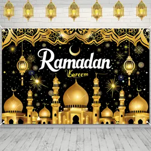 Reusable Polyester 2D Flat Ramadan Kareem Backdrop, 1PC Islamic Festival Decoration Banner with Golden Mosque Design, Photo Booth Background Cloth for Eid Mubarak & Birthday Party Scene Layout Prop