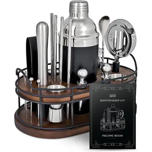 Bartender Kit - 22-Piece Cocktail Shaker & Bar Tool Set - Wooden Stand Display & Bar Cart Accessories - Recipe Book, Ideal Housewarming Gifts, Silver