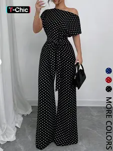 Women's Polka Dot Jumpsuit, Asymmetric One Shoulder, Short Sleeves, Waist Tie Belt, Wide Leg Full Length, Smooth Drapey Woven Fabric, Office Commute, Date Night & Party Wear, Breathable Non-Wrinkle Fabric, Elegant Retro Polka Dot Style, Womenswear