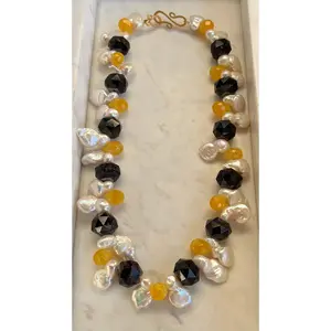 Keshi Pearls Necklace with Natural Raw Garnet, Citrine Briolettes, and 14k Gold Clasp