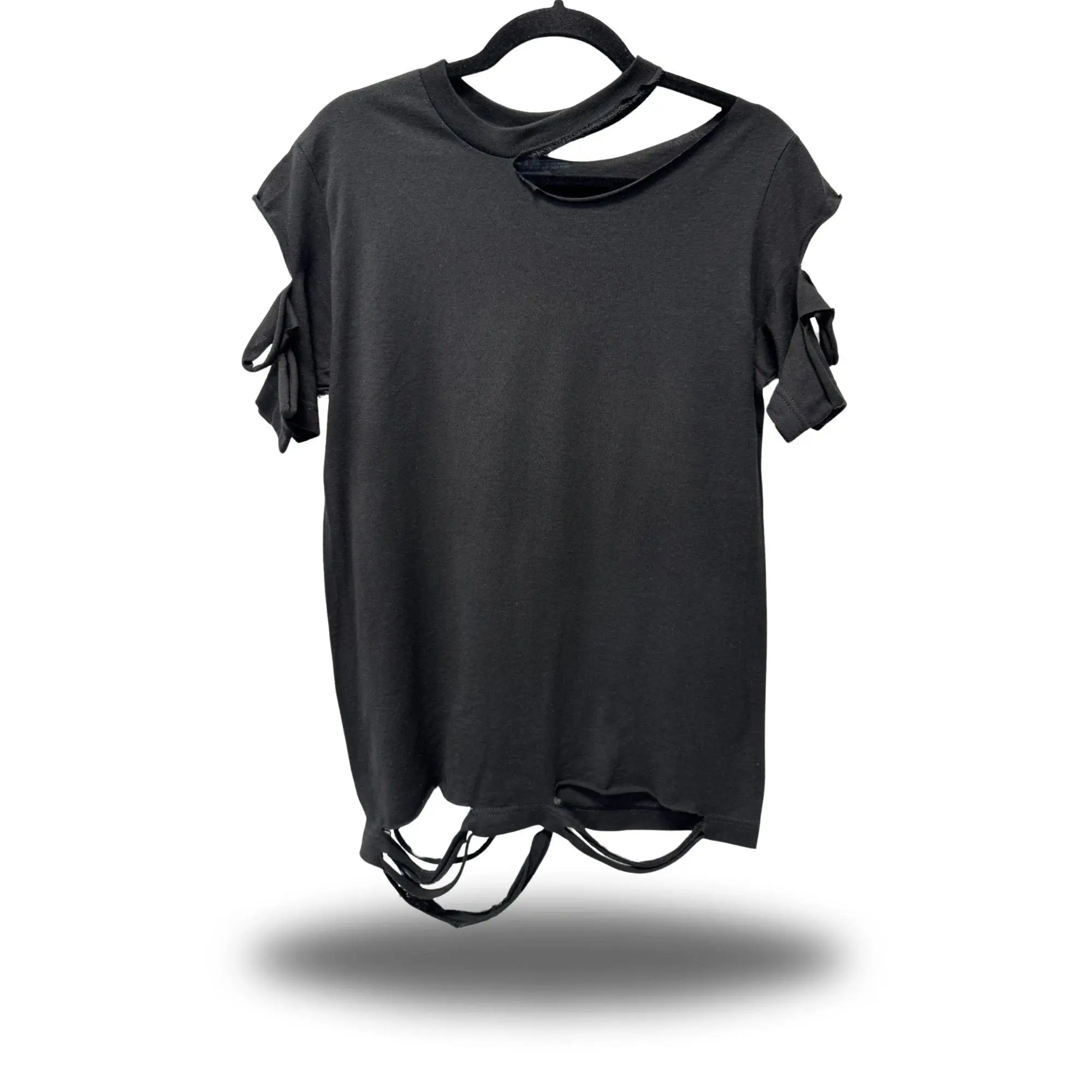 Men's Black Road Rash Cotton Slashed-Short-Sleeve T-Shirt - Unisex Menswear Casual Streetwear Top, Small Sizes Available, Suitable for Hang Drying