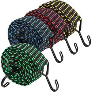 Adjustable Flat Bungee Cord with Hook, Heavy Duty Thickened & Widened Elastic Strap, 240lbs Strength - Adjust from 42 to 80 Inch, Ideal for Outdoor, Camping, Luggage, Tarp, , Multicolor 4-Pack