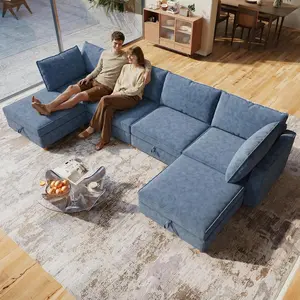 128" 6 Seat Modular Sectional Sofa with Storage, Sturdy Solid Wood Structure, Modular Sectional Sofa Cloud Couch Washable, Spacious Couches for Living Room, Apartment, Loft, Dark Blue