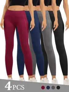 4PCS Women's High-Waisted Stretchy Leggings - Non-See-Through, All-Season Casual Pants with Supportive Waistband,Sleek Design, Versatile