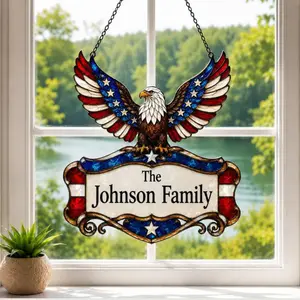 Personalized Patriotic Eagle Stained Acrylic Suncatcher, Custom Family Name Window Hanging, USA Flag Gift for Home