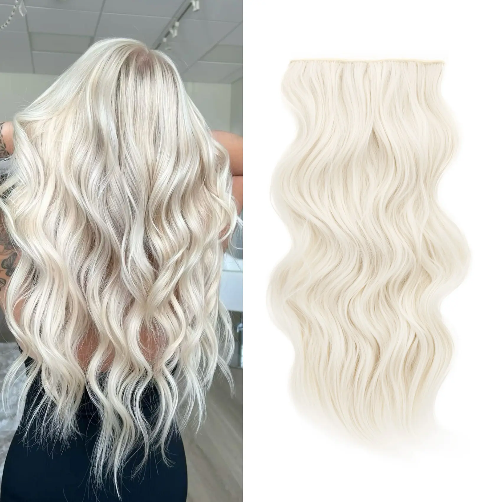 Qbeauty Women's Synthetic Lace Artificial Hair Extensions - 4PCS Lightweight Clip-In Long Wavy Thick Double Weft Platinum Soft Synthetic Hairpieces with Hair Toppers & Gift Box, Artificial Hair Extension, Soft Synthetic Hair