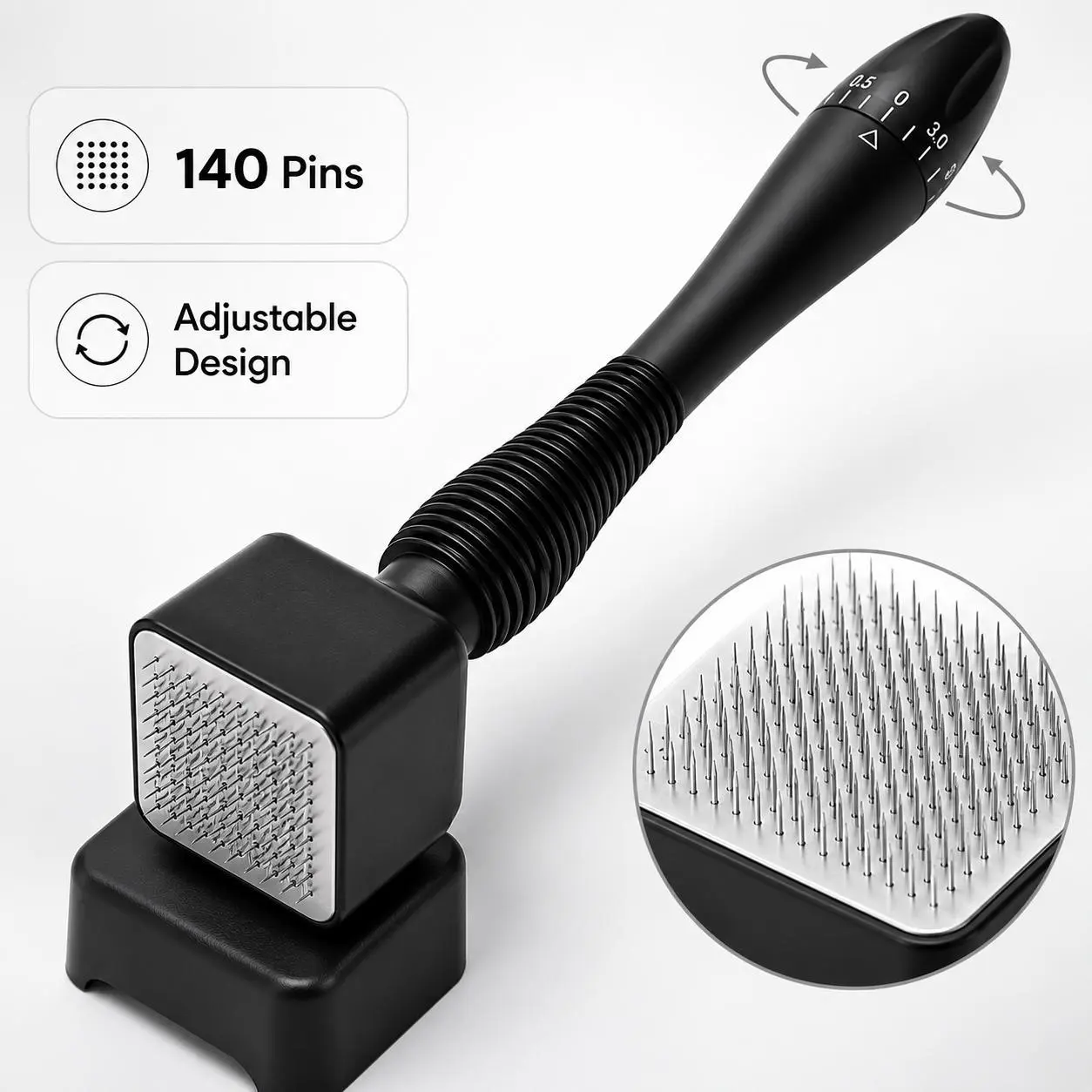 Adjustable Microneedle Derma Stamp 0–3.0mm, Black Skin Care Tool with Ergonomic Easy-Grip Handle & Stainless Steel Needles, Portable Precision Stamp for Face, Scalp & At-Home Beauty Routin