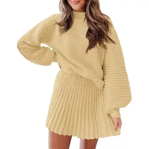 Women’s 2-Piece Outfit Set 2025 – Long-Sleeve Mock-Neck Ribbed Sweater and Mini Skirt