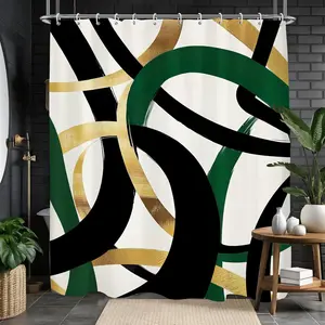 Black Gold Green Shower Curtain, Abstract Modern Minimalist Shower Curtains for Bathroom Decor, Aesthetic Line Geometric Simple Shower Curtain Set Home Decor Pack Hooks