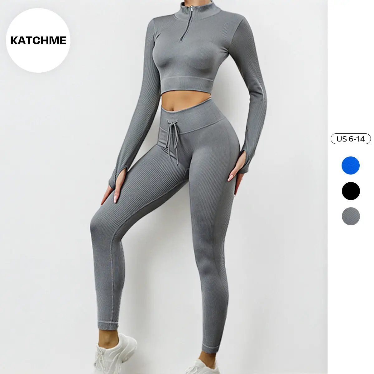 KatchMe Womenswear Athletic Round Neck Zipper Crop Top & Yoga Shaping Pants Co-ord,Butt-Lifting Shapewear,Long Sleeve Top & High Waist Leggings Set