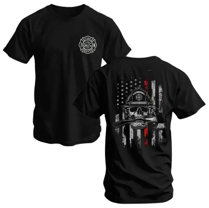 Firefighter Skull T-Shirt, Thin Red Line Flag and Axe Graphic, Soft Cotton Tactical Shirt, Bold Fire Dept Apparel for Men, for Brave Firemen & Rescue Workers
