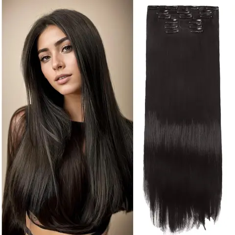 Women's 6PCS 24in Clip-in Synthetic Hair Extensions - Black Brown & Blonde, 30% Lighter Natural Look Fiber, Invisible Clips, Thick Fluffy Straight Pieces, for Daily Life & All Occasions, Busy Lifestyle Accessory