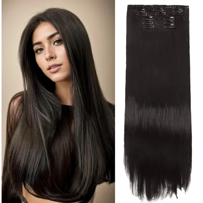 Women's 6PCS 24in Clip-in Synthetic Hair Extensions - Black Brown & Blonde, 30% Lighter Natural Look Fiber, Invisible Clips, Thick Fluffy Straight Pieces, for Daily Life & All Occasions, Busy Lifestyle Accessory
