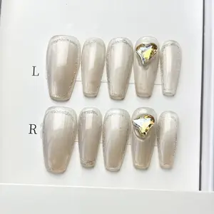 No Cheap Flair! Nude Gold Cat Eye Exquisite Hand-Painted Press On Fake Nails, 3D Yellow Heart Diamond French Tip Design, Euro-Style Luxury Nails