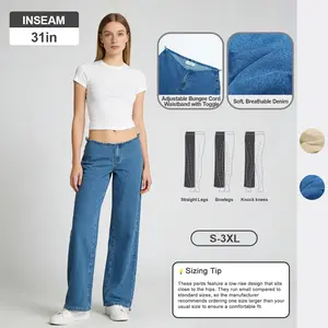 Pwest NYC Low-Rise Wide-Leg Jeans — Adjustable Drawstring Waistband/Hem, Relaxed Straight Cut, Soft Daily Wear-Spring Summer Bottom