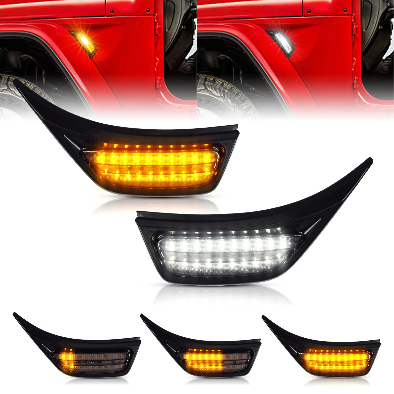 UnionLux Smoked Front Fender LED Side Markers for 2018-2020 Jeep Wrangler JL & Gladiator JT JL/JT Series Car - Switchback Sequential Blink Amber Turn Signals, White Day Running/Parking LED Light, Brighter IP67 Waterproof, Easy Install, Switchback Sequenti