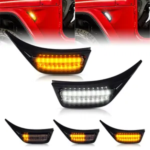 Switchback Front Fender Side Marker Lights, Sequential Dynamic LED Amber Blinker Turn Signal Lights & White Day Running Lamps Compatible with 2018-2020 For Jeep Wrangler JL Gladiator JT-Smoked