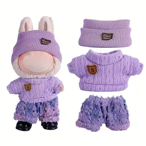 Purple Labubu Doll Clothes for Labubu with 3 Outfits - Stylish Fisherman Hat & Sweaters & Pants or skirt Set for 6.69inch Dolls, Adorable buLabu Accessories for Play & Display Doll Clothing (Not Included shoes & Doll)