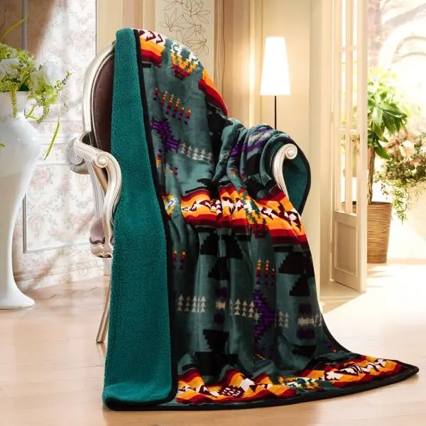 Nu Trendz Southwest Navajo Print Sherpa-Lined Throw Blanket 1611 - 100% Polyester Microfiber, 50x60 In, Western/Aztec Print Art Graphic Sherpa Bed Warmer Blanket for Couches, Western Blankets, Sherpa Blankets