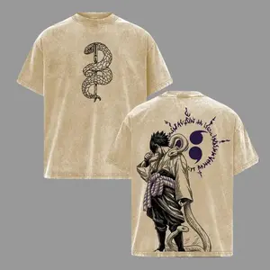 Sasuke Uchiha Tee Naruto Anime Vintage Washed Oversized T Shirt, Anime Graphic Tee, Curse Mark Snake Power Streetwear, Double Sided Print Heavyweight Cotton, Gift for Anime Fans Casual Crewneck Man Tshirt