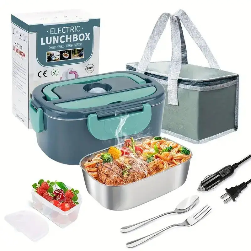 Portable 60w Electric Lunch Box Set, 1 Set Including 1.5L Stainless Steel Container, Insulated Lunch Bag, Fork & Spoon, Kitchen Accessories, Food Cont
