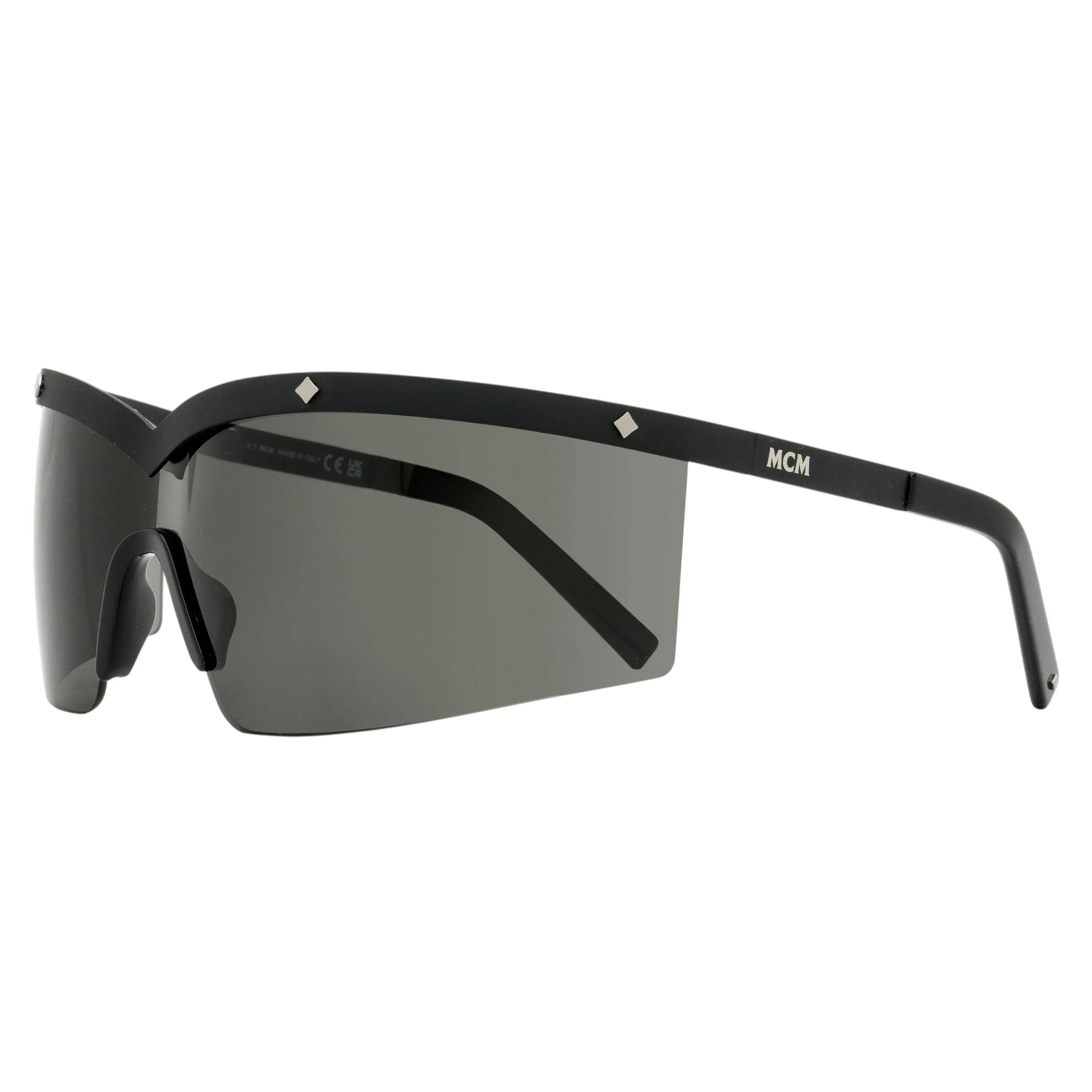 MCM Shield Wrap Sunglasses MW0016-02A, Luxury Accessories for Female, Matte Black, Bold Futuristic Shield Silhouette, Dramatic Arching Browline, Functional in Addition to Being Fashionable, Geometric Stud Accents, Metal, Di(2-Ethylhexyl)Phthalate (Dehp),,