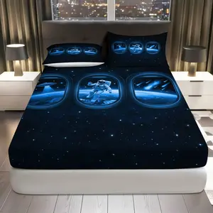 3Pcs Space Astronaut Galaxy Fitted Sheet Three Piece Set (1*Fitted Sheet+2*Pillowcases, Coreless), Anniversary theme, Space Adventure Bedding Set, Mattress protector Soft, Breathable, Breathable Sheets