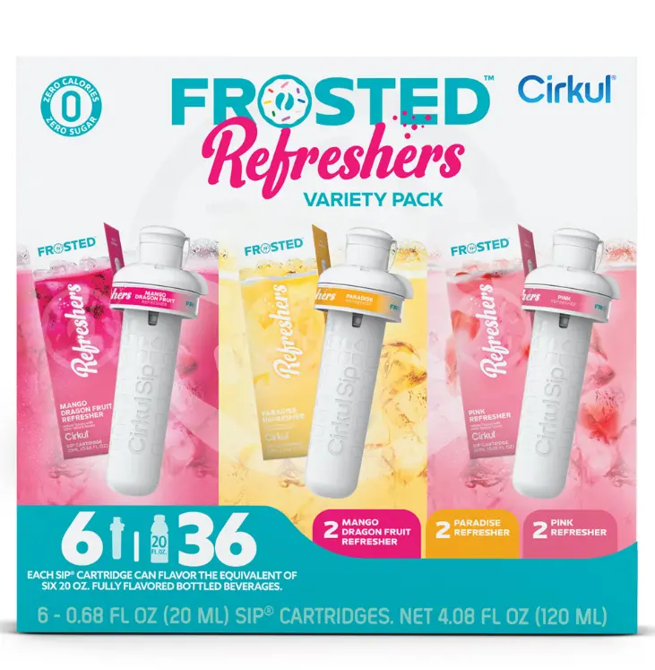Cirkul Frosted Refreshers Flavor Cartridge Variety Pack, Drink Mix, 6-Pack (2 Pink Refresher, 2 Mango Dragon Fruit Refresher, & 2 Paradise Refresher)