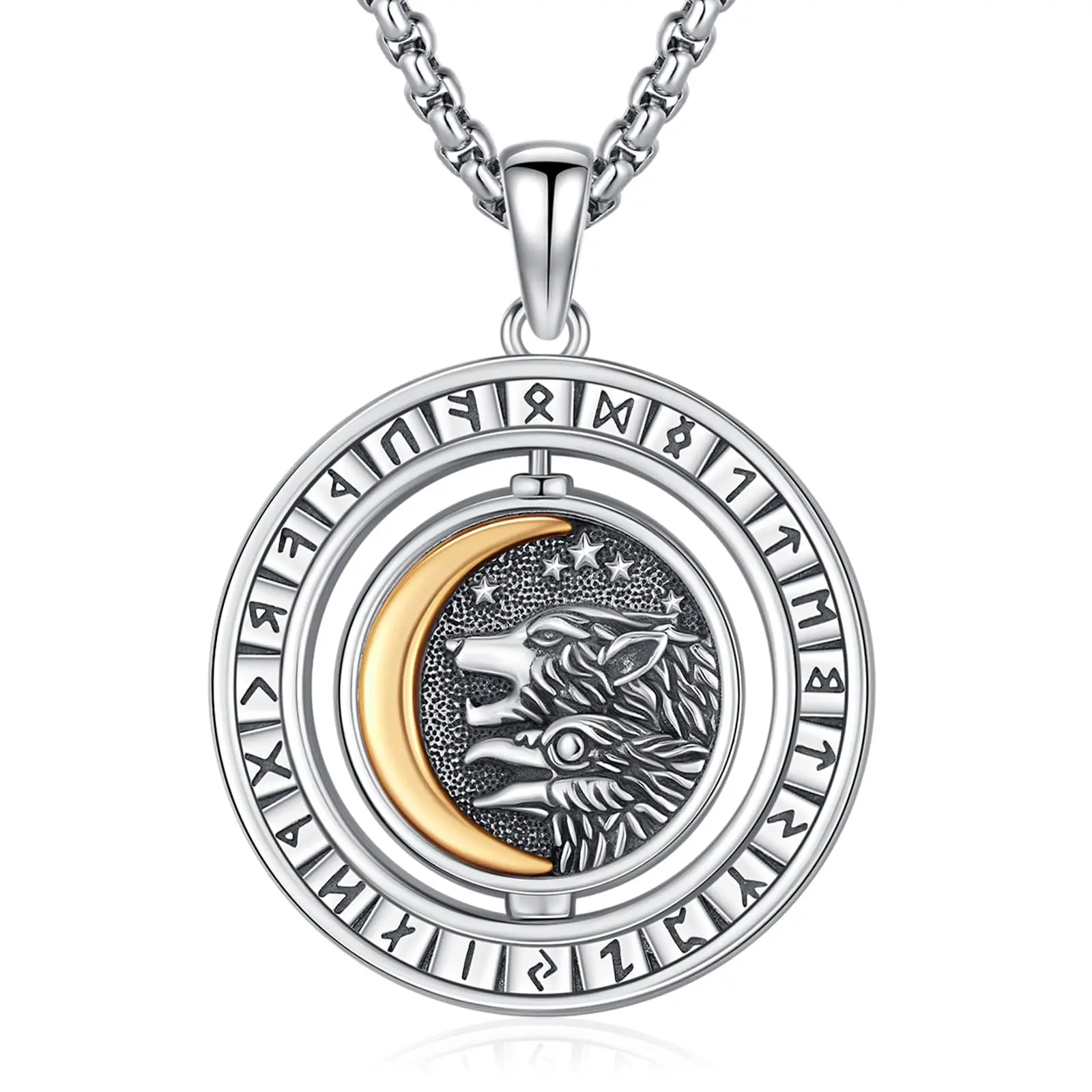 DRINSPER Viking 925 Sterling Silver Necklace with Wolf Fenrir Runic Symbols Jewellery Pendant, Hypoallergenic Retro Norse Necklace Chain for Unisex Adults, Pendant Necklace