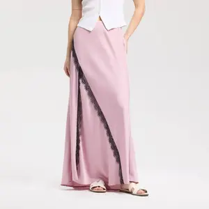 Women's High-Rise Satin Asymmetric Lace Maxi Skirt - A New Day Pink XS