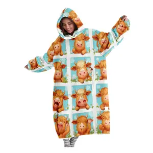 Women's Fleece Bathrobe Long Sleeve, Fashion Sleepwear, Highland Cow Print Thick Home Clothes, Plaid Winter Nightgown, Holiday Gift for Mom Wife Daughter