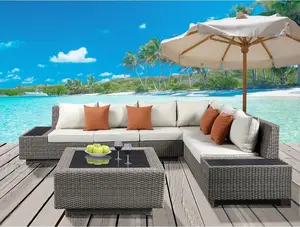 Acme 45020 Brayden studio braxten salena beige fabric and grey faux wicker patio lounge sofa sectional with coffee table