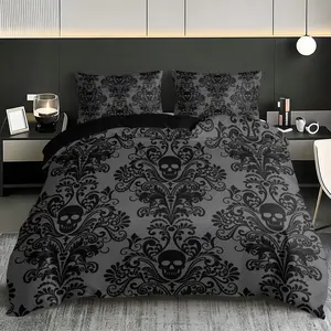 3pc dark gothic style horror skull pattern bedding set, Soft bedding sets, including 1 duvet cover and 2 pillowcases, suitable for single beds, double beds, multiple sizes, bedrooms, dormitories, guest rooms, hotel apartments