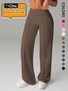 Women's Plain Loose Straight Leg Pants, Wide Leg High Waisted Athletic Sporty Casual Sweatpants with Pockets, Athleisure Bottoms, Comfortable Daily Wear, Casual Sporty Trousers [Fits Small - Size Up Recommended]